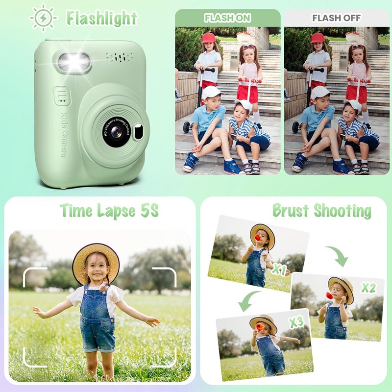 Gofunly Kids Camera Instant Print, 3.0" HD 32MP 1080P Toddler Digital Camera with 3 Rolls of Printer Paper, Birthday Gifts Toy for 3-12 Year Old Girls Boys with 32GB SD Card-Green - Image 4